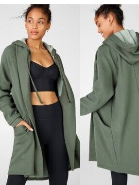 Fabletics Valentina Hooded Long Olive Open Cardigan Jacket XL
